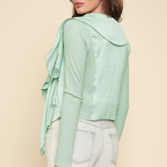 MYSTREE Mint Green Layered Zip Ruffle Top, Lightweight Long Sleeve Statement - Picture 4 of 7